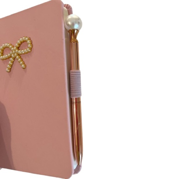NWT- Coquette Pearl Bow Pink Notebook with Rose-gold Pearl Pen - Picture 5 of 7